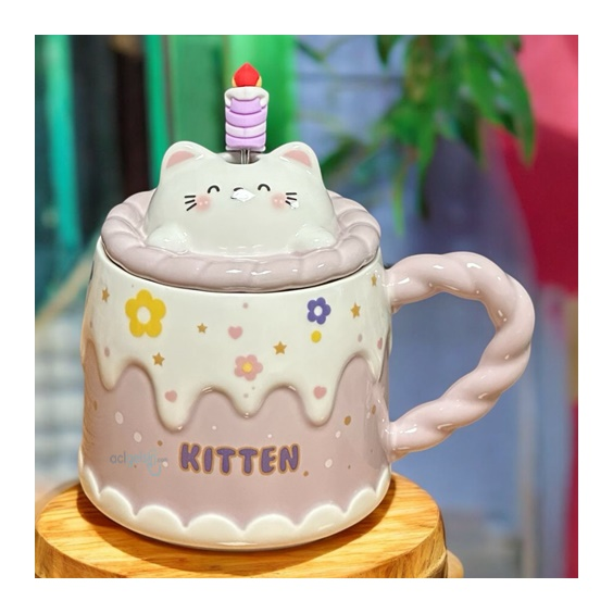 Porselen Kupa Bardak Kapaklı Kaşıklı 3d Kitten