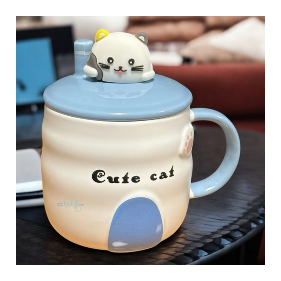 Porselen Kupa Bardak Kapaklı Kaşıklı Cat