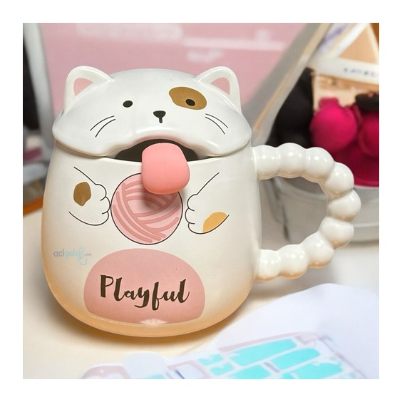 Porselen Kupa Bardak Kapaklı Kaşıklı Cats