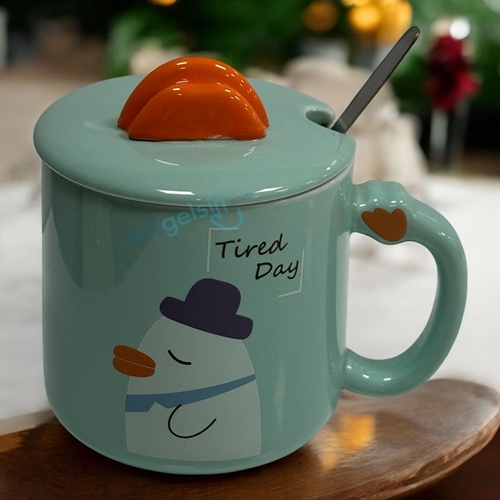 Porselen Kupa Bardak Kapaklı Kaşıklı Duck