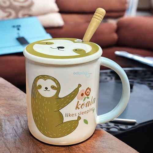Porselen Kupa Bardak Kapaklı Kaşıklı Koala