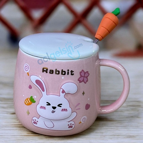 Porselen Kupa Bardak Kapaklı Kaşıklı Rabbit
