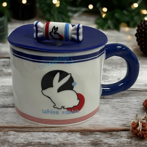 Porselen Kupa Bardak Kapaklı Kaşıklı White Rabbit