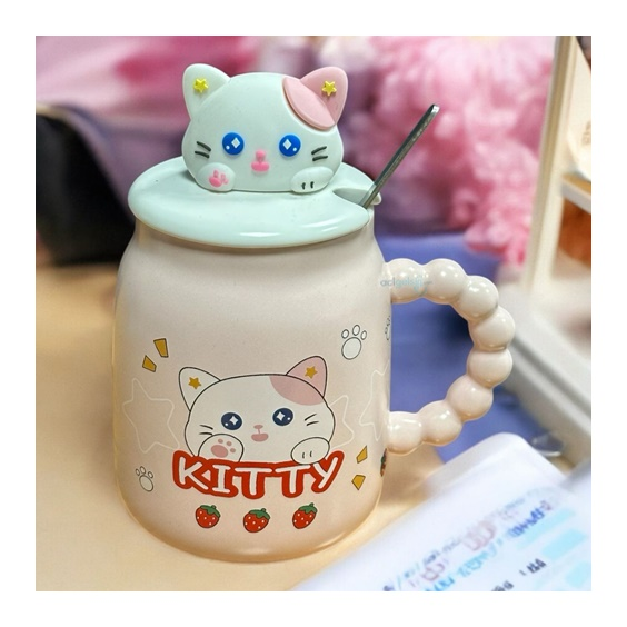 Porselen Kupa Bardak Kaşıklı Kitty