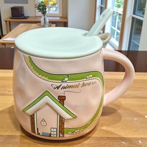 Porselen Kupa Bardak Kaşıklı Şirin Animal Hause Tasarım Mug