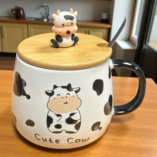 Porselen Kupa Bardak Kaşıklı Şirin İnek Tasarım Mug