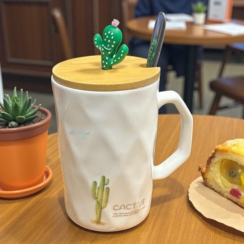 Porselen Kupa Bardak Kaşıklı Şirin Kaktüs Tasarım Mug