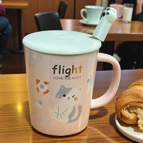 Porselen Kupa Bardak Kaşıklı Şirin Kedi Tasarım Mug