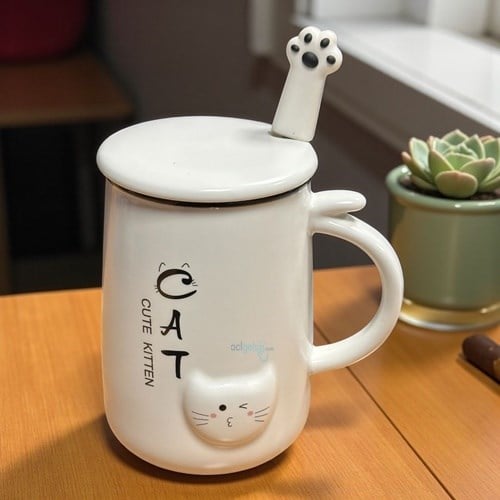 Porselen Kupa Bardak Kaşıklı Şirin Kedi Tasarım Mug
