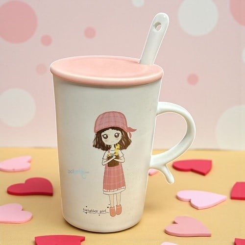 Porselen Kupa Bardak Kaşıklı Şirin Kız Tasarım Mug