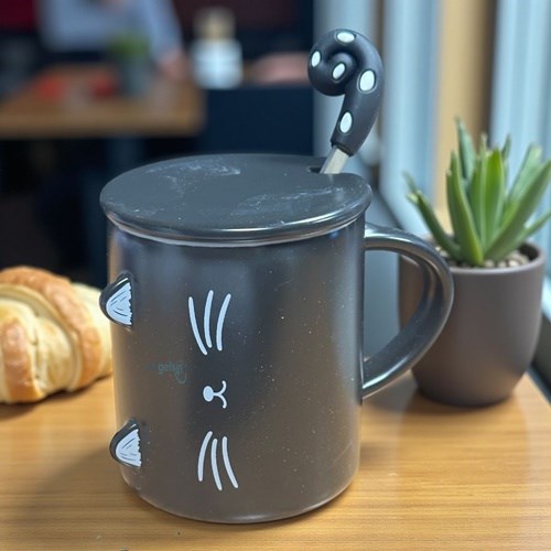 Porselen Kupa Bardak Kaşıklı Şirin Tasarım Cat Mug