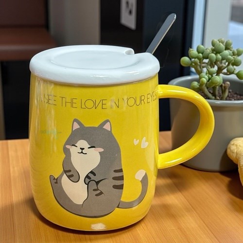 Porselen Kupa Bardak Kaşıklı Şirin Tasarım Cat Mug