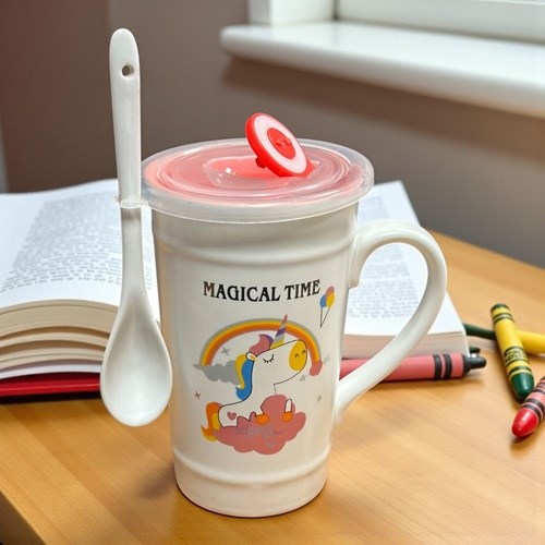 Porselen Kupa Bardak Kaşıklı Şirin Unicorn Tasarım Mug