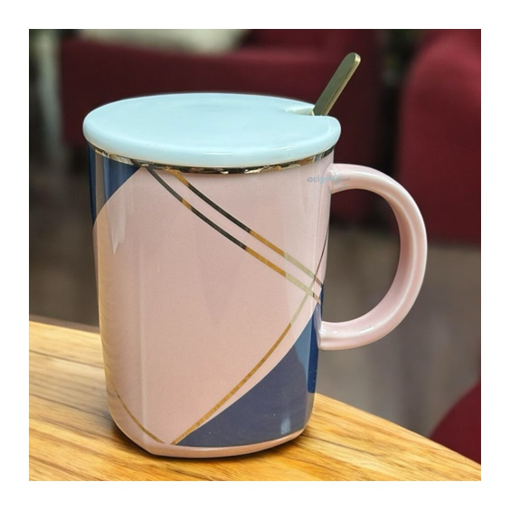 Porselen Kupa Bardak Kaşıklı Yaldızlı Pink Mug