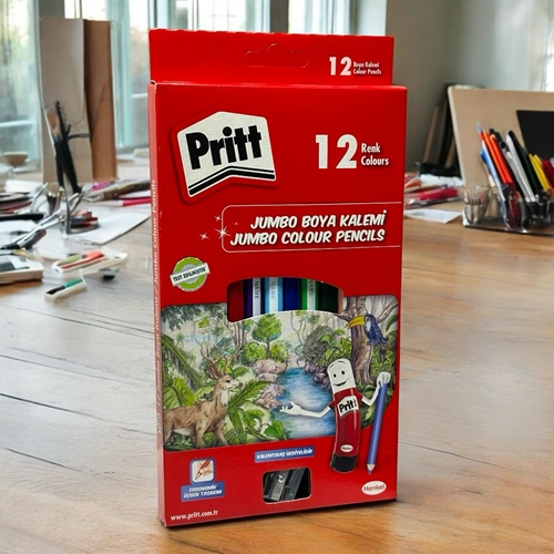 Pritt Jumbo Üçgen Kuru Boya Kalemi 12renk Kalemtraş Hediyeli