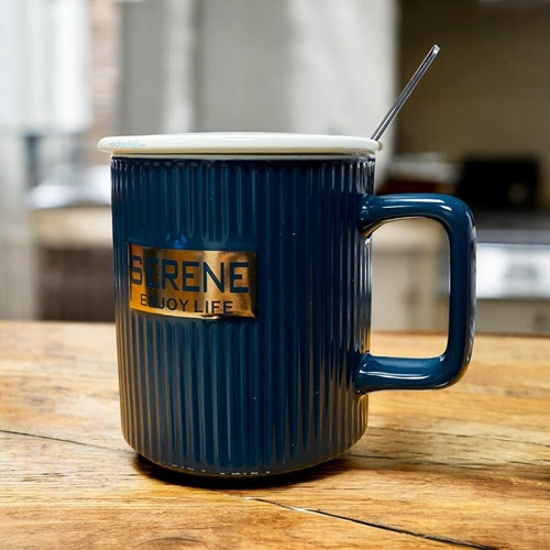 Sense Seramik Kupa Kapaklı Kaşıklı Serene Enjoy Life
