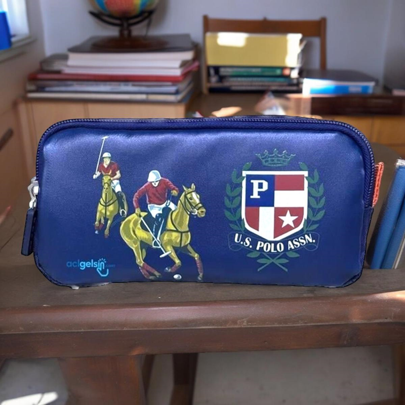 Us Polo Çift Gözlü Kalem Çantası Desenli Lacivert