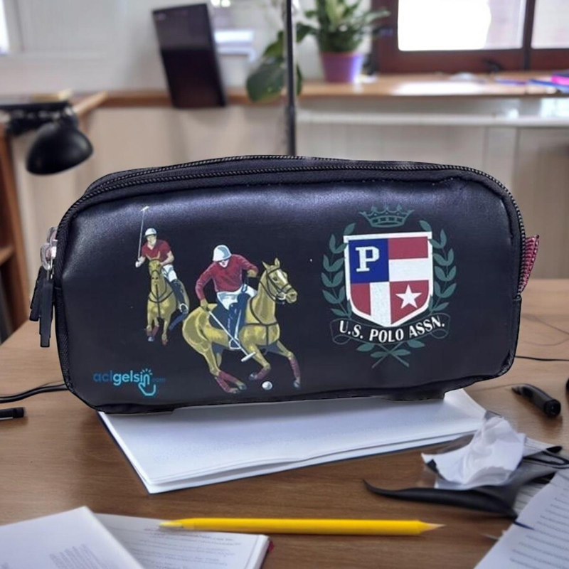 Us Polo Çift Gözlü Kalem Çantası Desenli Siyah