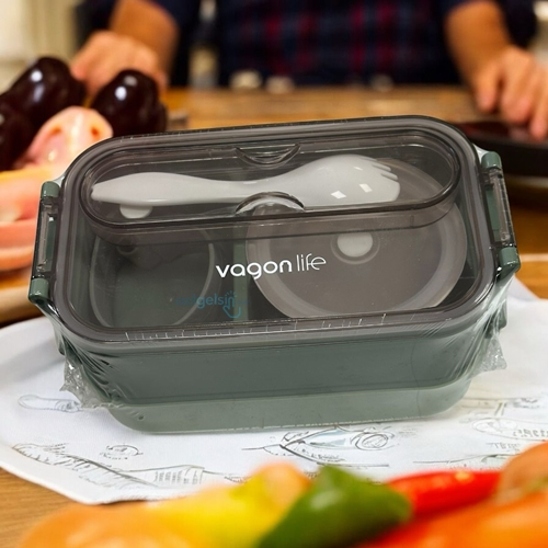 Vagonlife Paslanmaz Çelik Üç Bölmeli Beslenme Kabı 1500 Ml Koyu,açıkyeşil