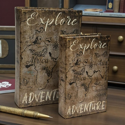 Vintage Ahşap Kutu Kitap Explore Adventure 2'li Set