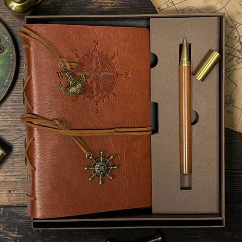 Vintage Kahve Rengi Deri Kapaklı Pusula Baskılı Kraft Defter Ve Tükenmez Kalem