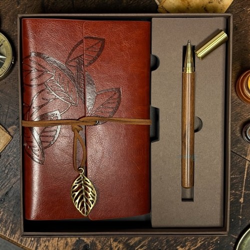 Vintage Kahve Rengi Deri Kapaklı Yaprak Baskılı Kraft Defter Ve Tükenmez Kalem
