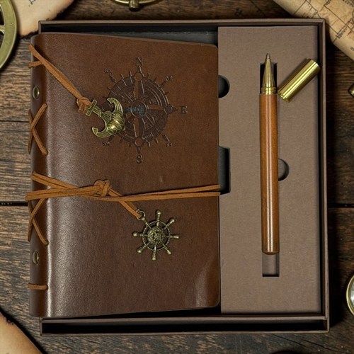 Vintage Koyu Kahve Deri Kapaklı Pusula Baskılı Kraft Defter Ve Tükenmez Kalem