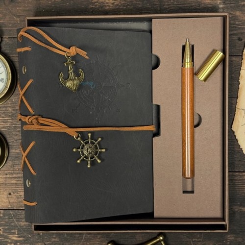 Vintage Siyah Deri Kapaklı Pusula Baskılı Kraft Defter Ve Tükenmez Kalem