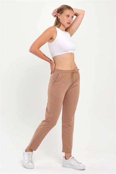 COMEOR Kadın Bej Regular Fit Düz Paça Beli Lastikli Bağcıklı Eşofman Altı