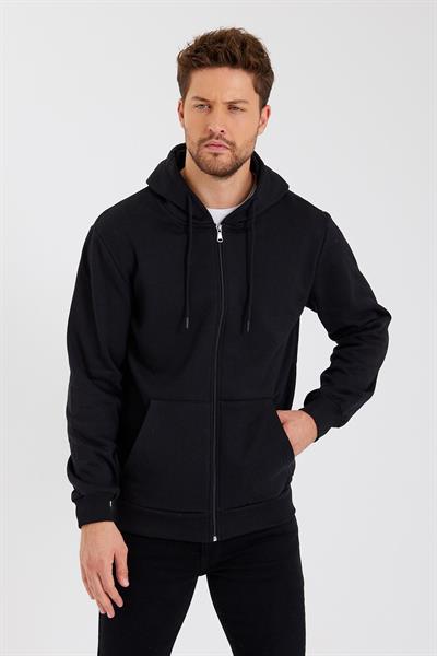 METALIC Siyah Kanguru Cepli Kapüşonlu Fermuarlı İçi Pamuklu Erkek Hırka