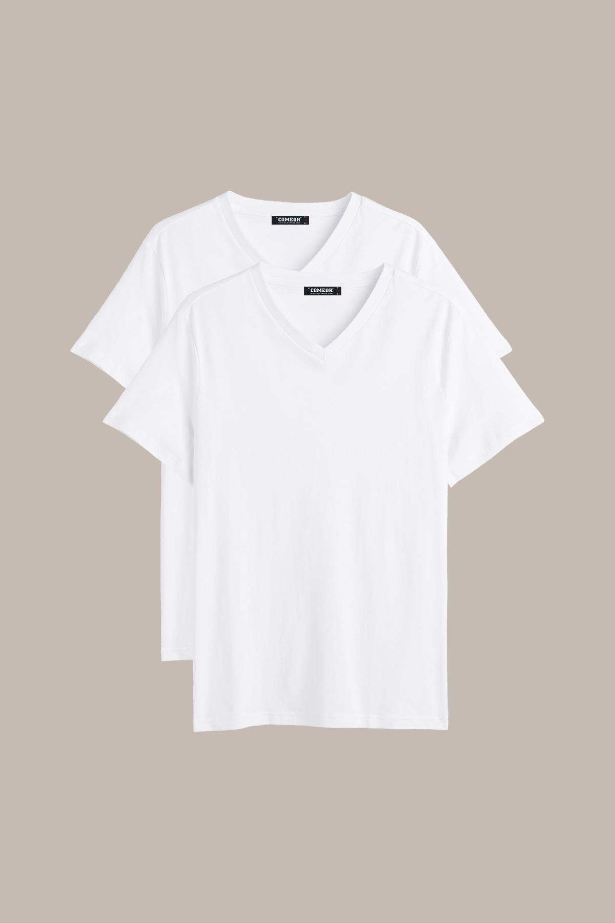 COMEOR Erkek Siyah-Beyaz T- Shirt Regular Fit Rahat Kesim V Yaka 2'li Basic  Tişört