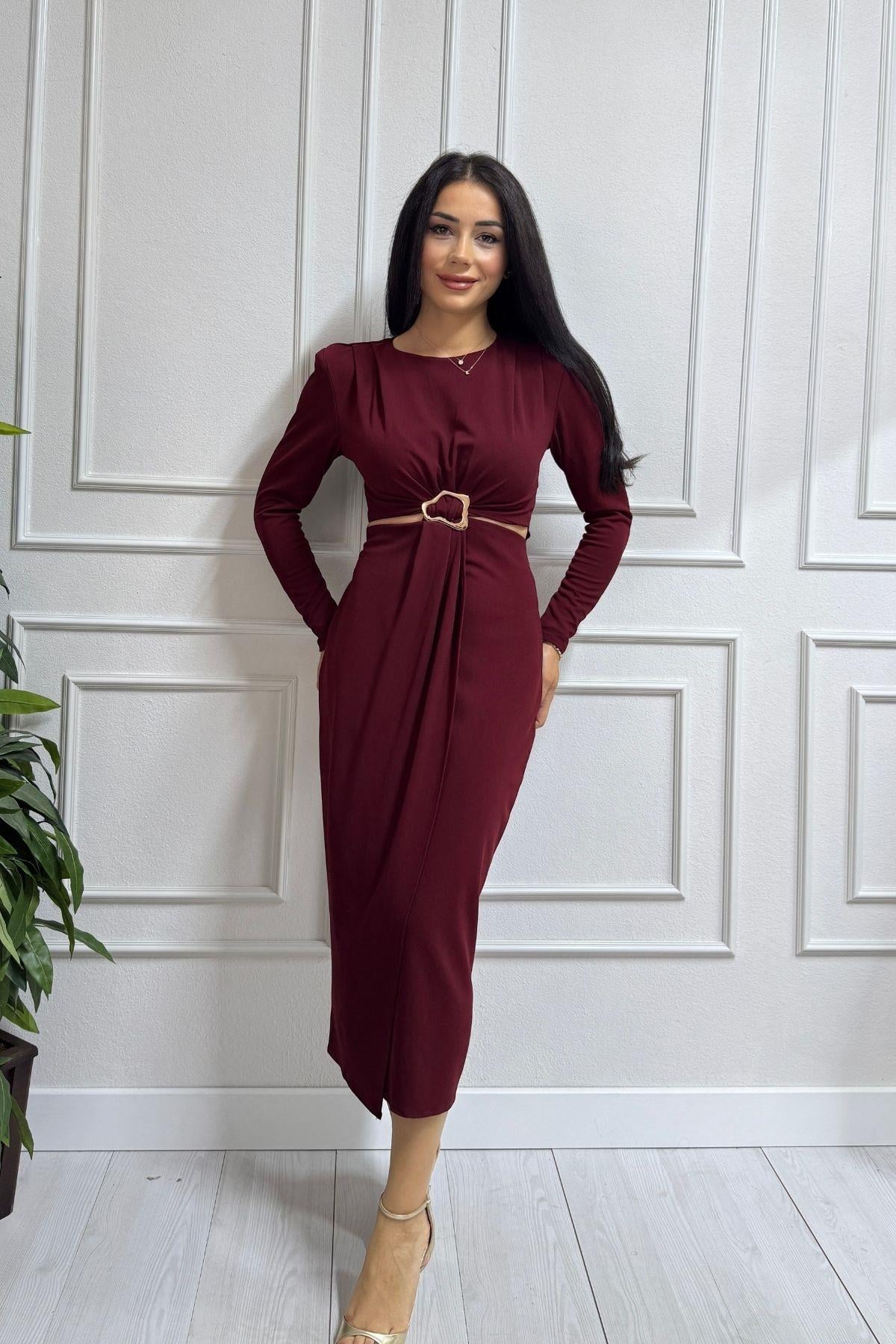 Bordo Beli Dekolte Detaylı Esnek Elbise