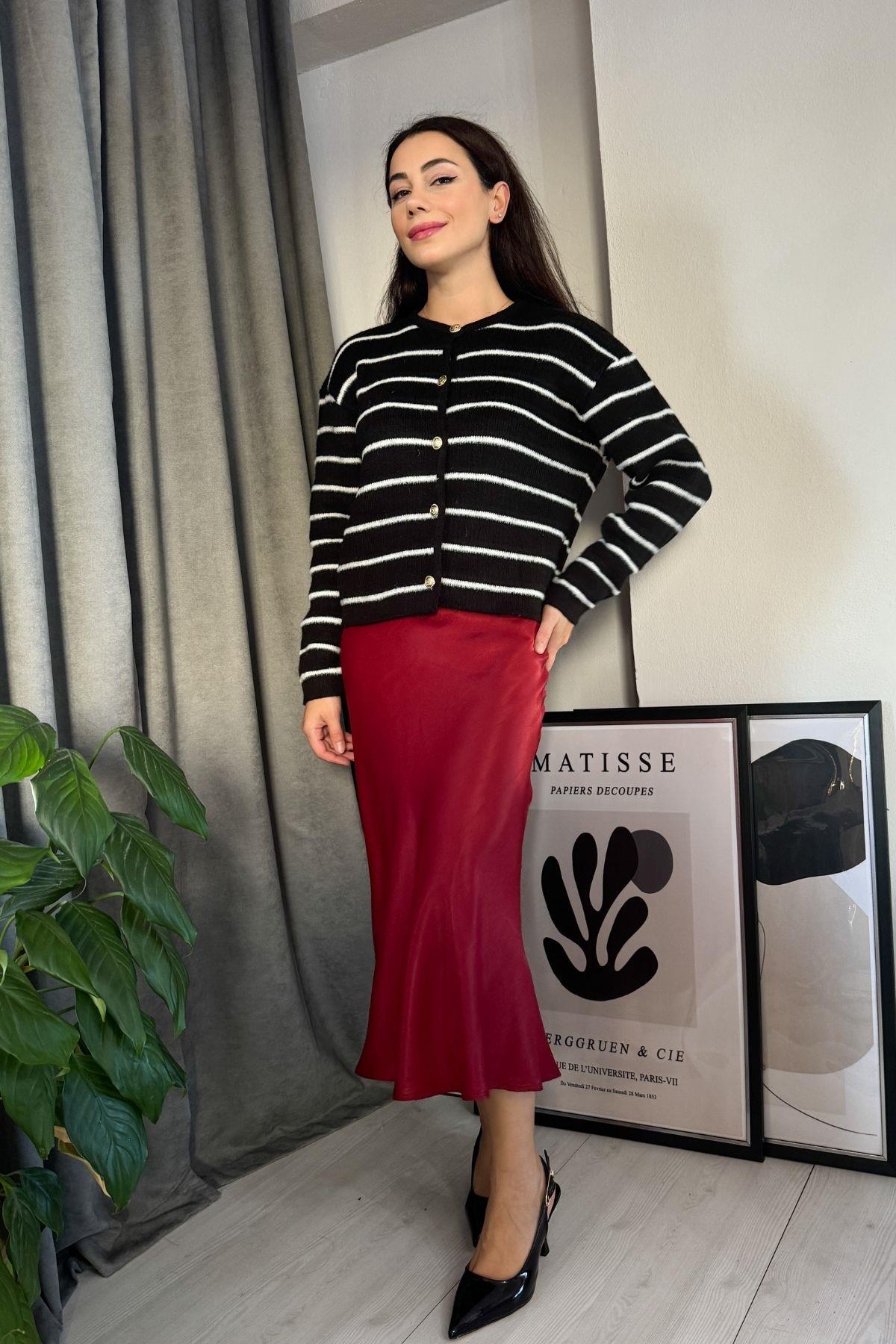 Bordo Beli Lastikli Saten Etek