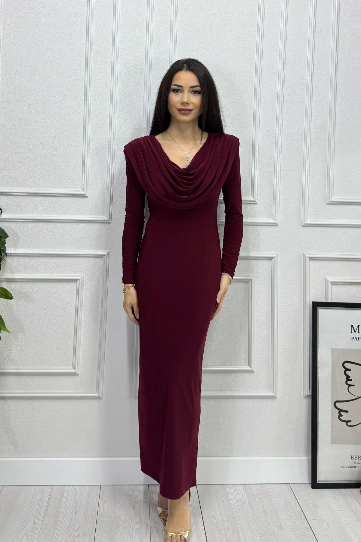 Bordo Degaje Yaka Esnek Sandy Kalem Elbise