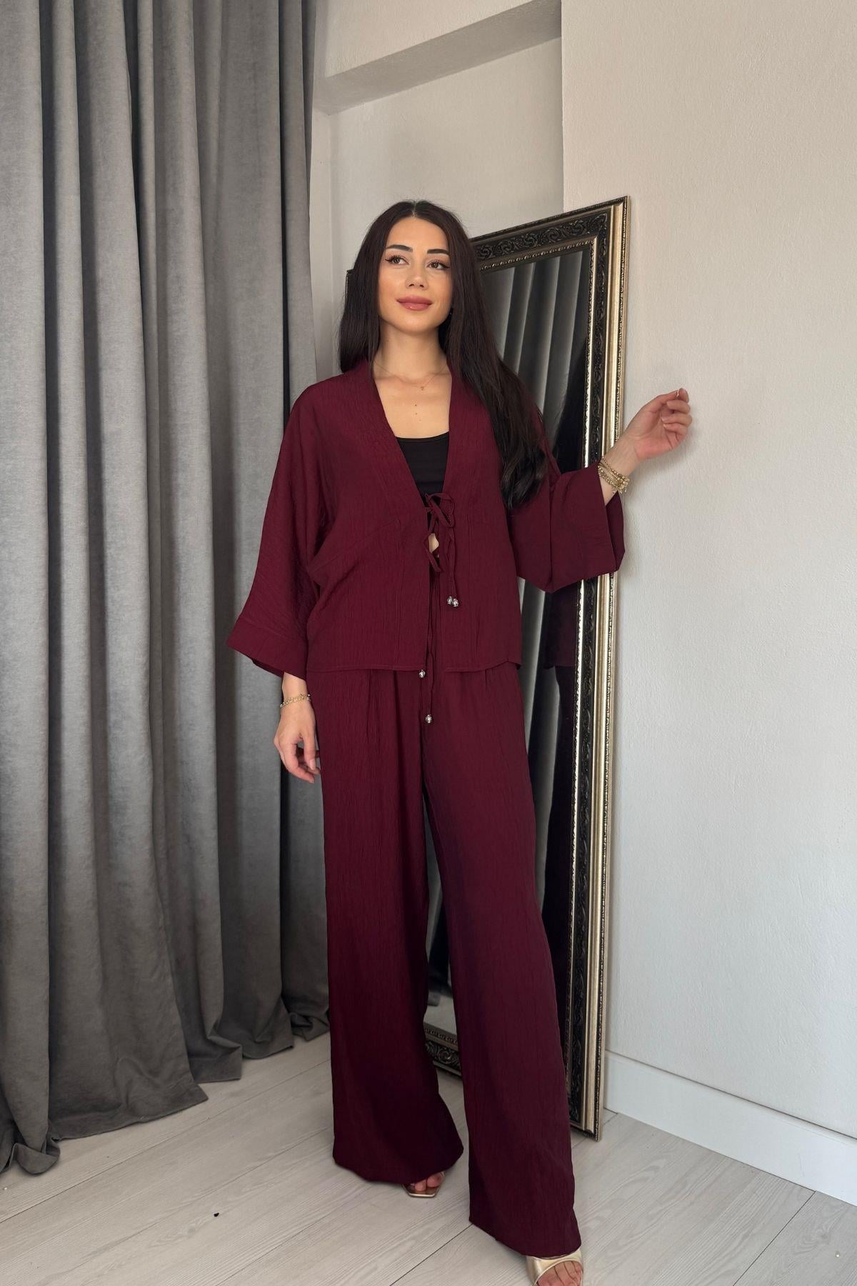 Bordo Önü Bağlamalı Kimonolu Takım