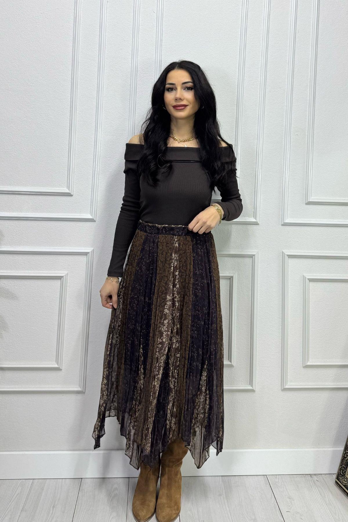 Kahve Desen Geçişli Beli Lastikli Şifon Etek