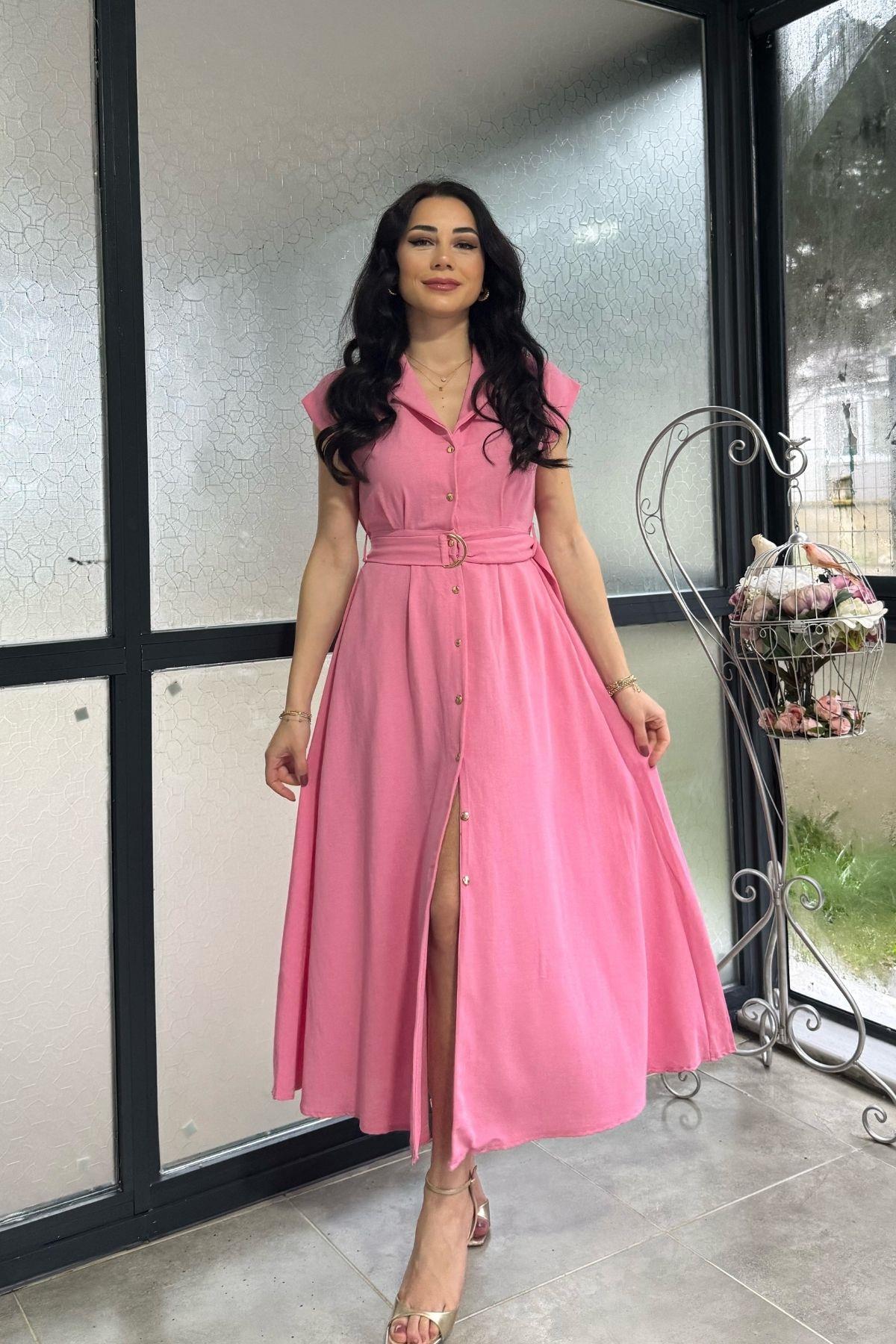 Pembe Komple Düğmeli Kemerli Keten Elbise