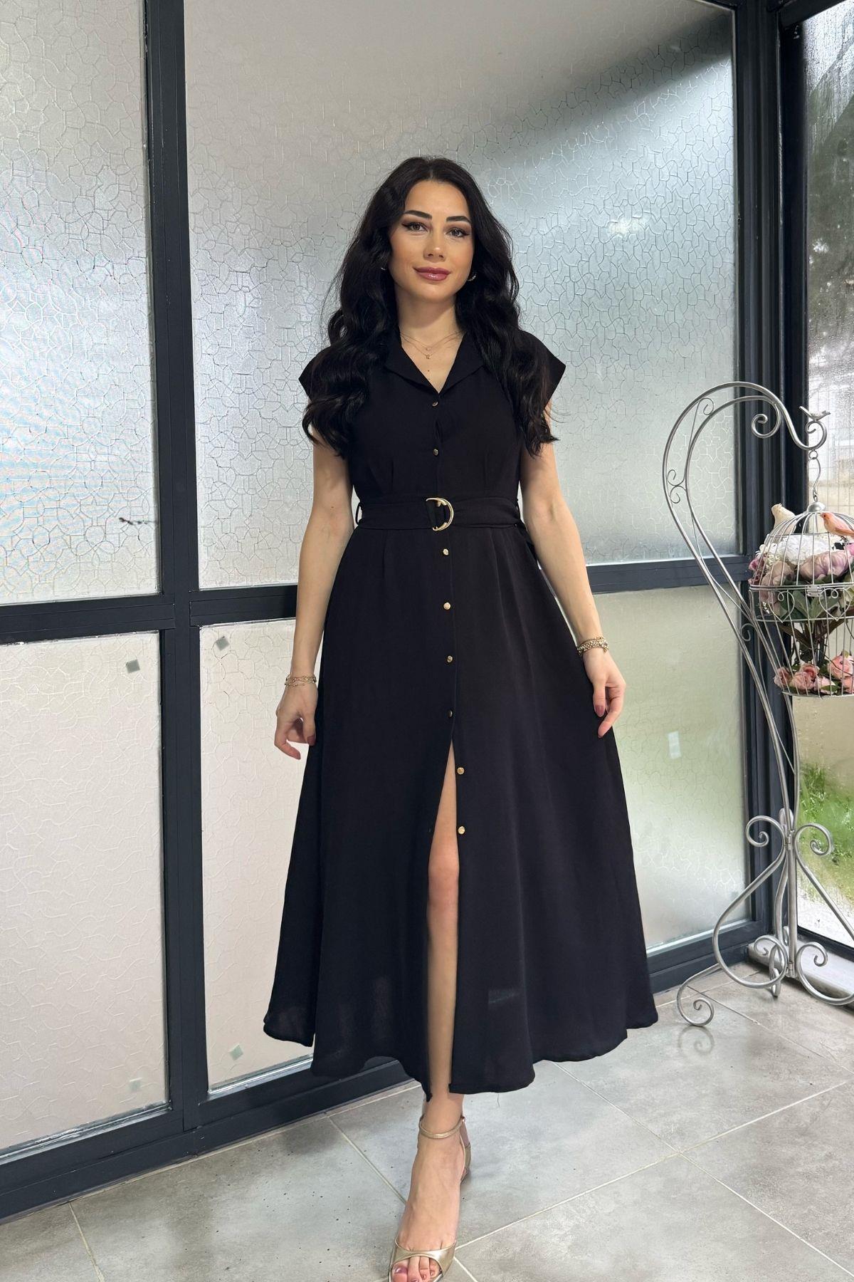 Siyah Komple Düğmeli Kemerli Keten Elbise