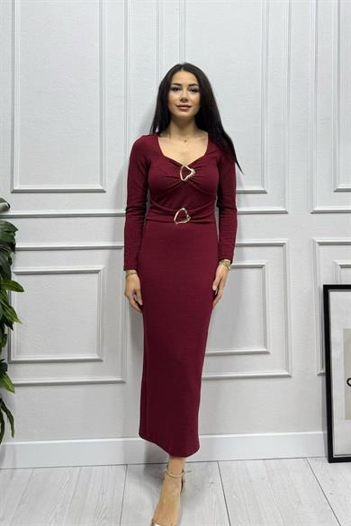 Bordo Göğsü Beli Toka Detay Kalem Elbise