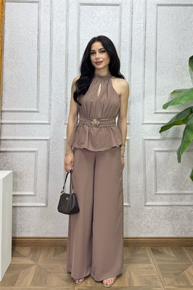 Koyu Vizon Beli Broş Volan Detay Tulum
