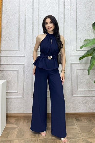 Lacivert Beli Broş Volan Detay Tulum