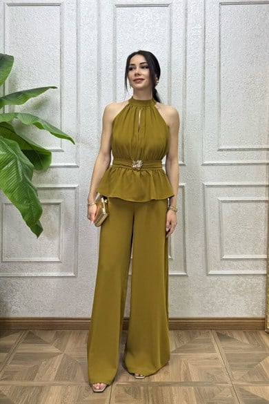 Yağ Yeşili Beli Aksesuar Volan Detay Tulum