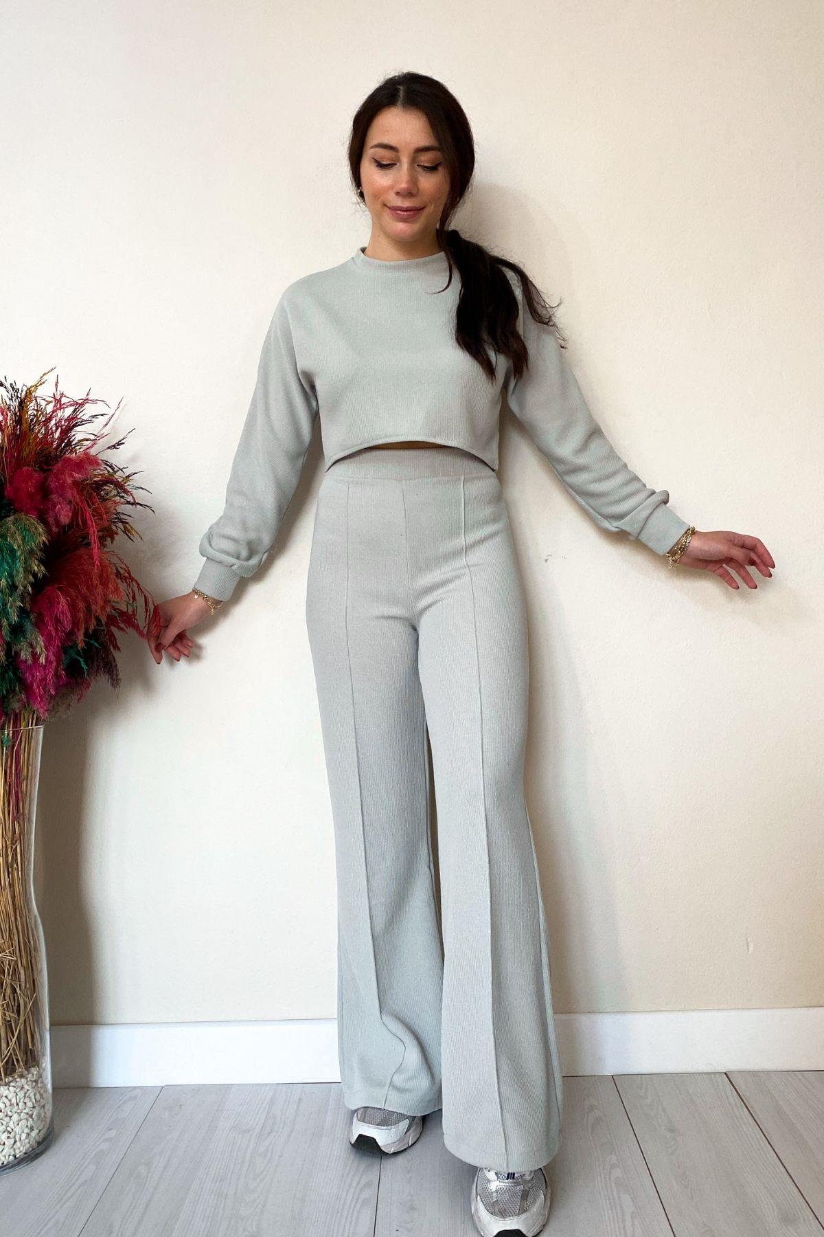Açık Su Yeşili Crop Pantolon Hafif Simli Kumaş Takım
