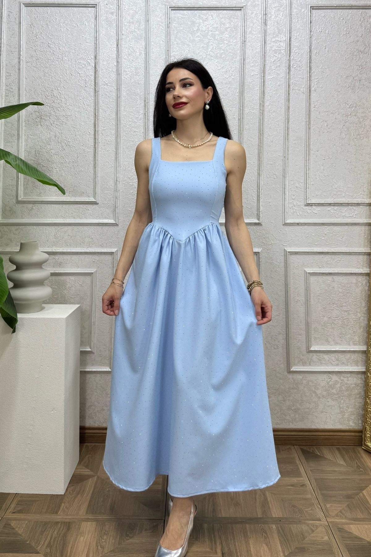 Bebe Mavi Beli Büzgü Detay Kuşaklı Taşlı Elbise