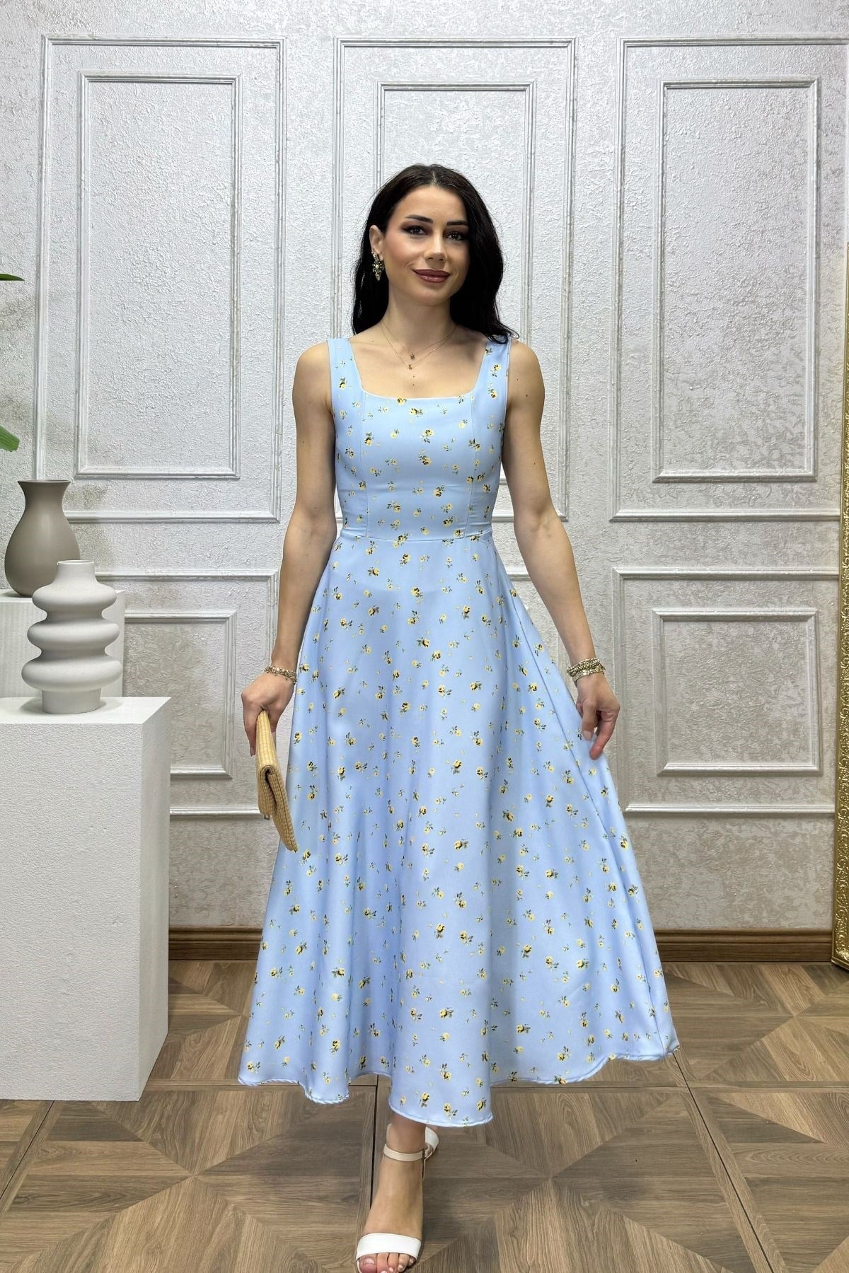Bebe Mavi Çıtır Çiçek Desenli Füsun Elbise