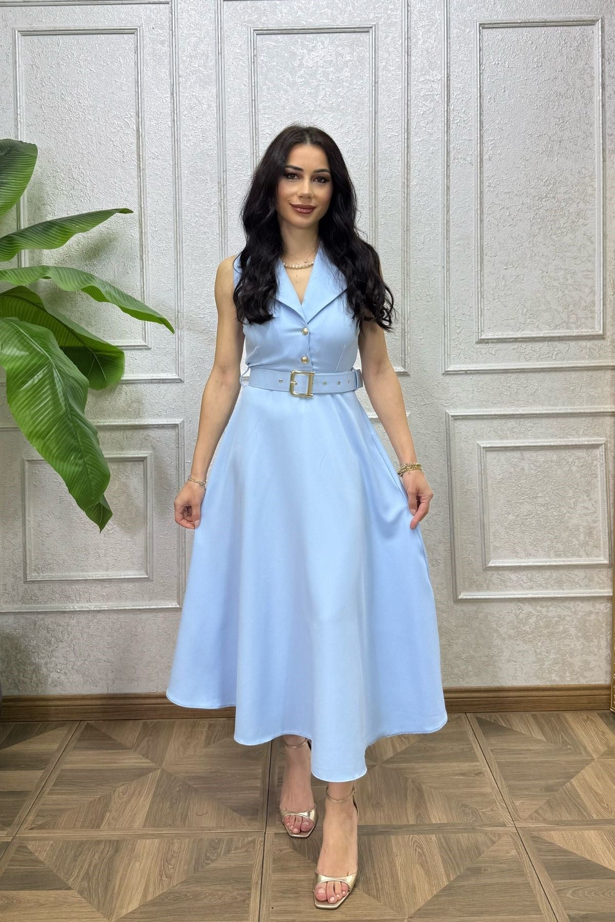 Bebe Mavi Göğsü Düğmeli Kemerli Elbise