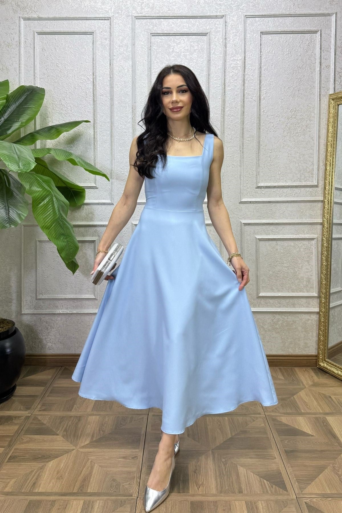 Bebe Mavi Kalın Askılı Beli Kuşaklı Füsun Elbise