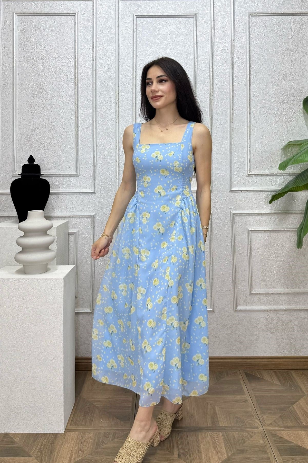 Bebe Mavi Kuşaklı Yanları Büzgü Detay Şifon Elbise