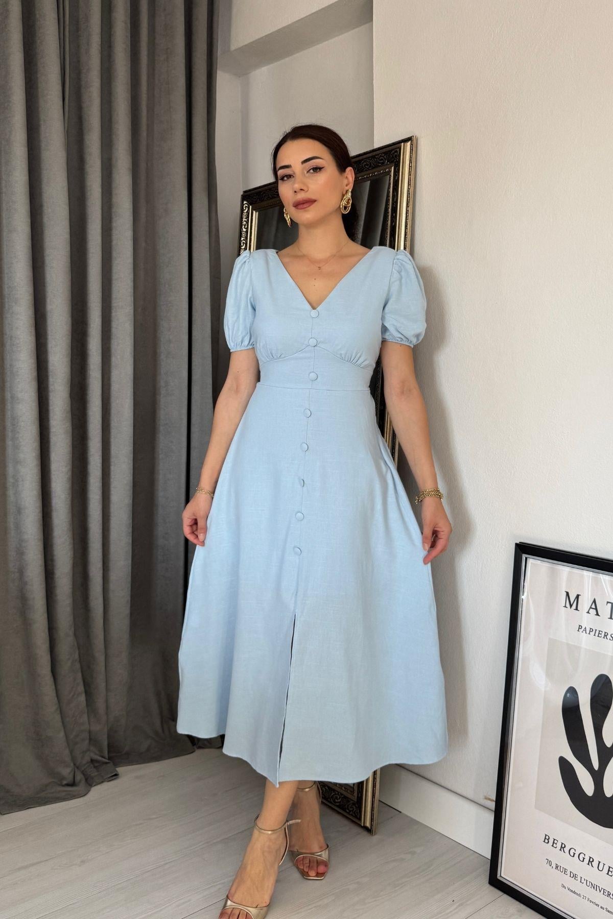 Bebe Mavi Önü Süs Düğmeli Kuşaklı Keten Elbise