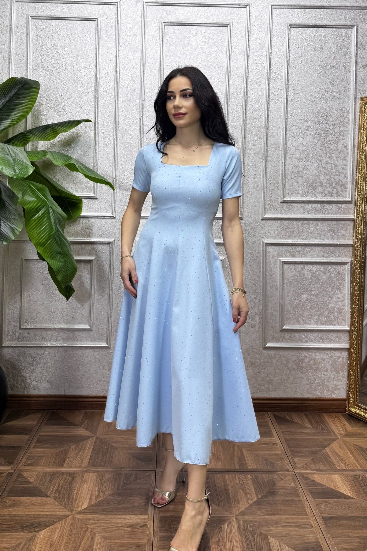 Bebe Mavi Taş Süslemeli Parçalı Kloş Elbise